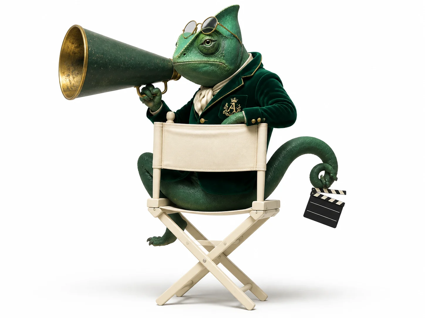 Alfred vestido como diretor criativo com megafone e claquete