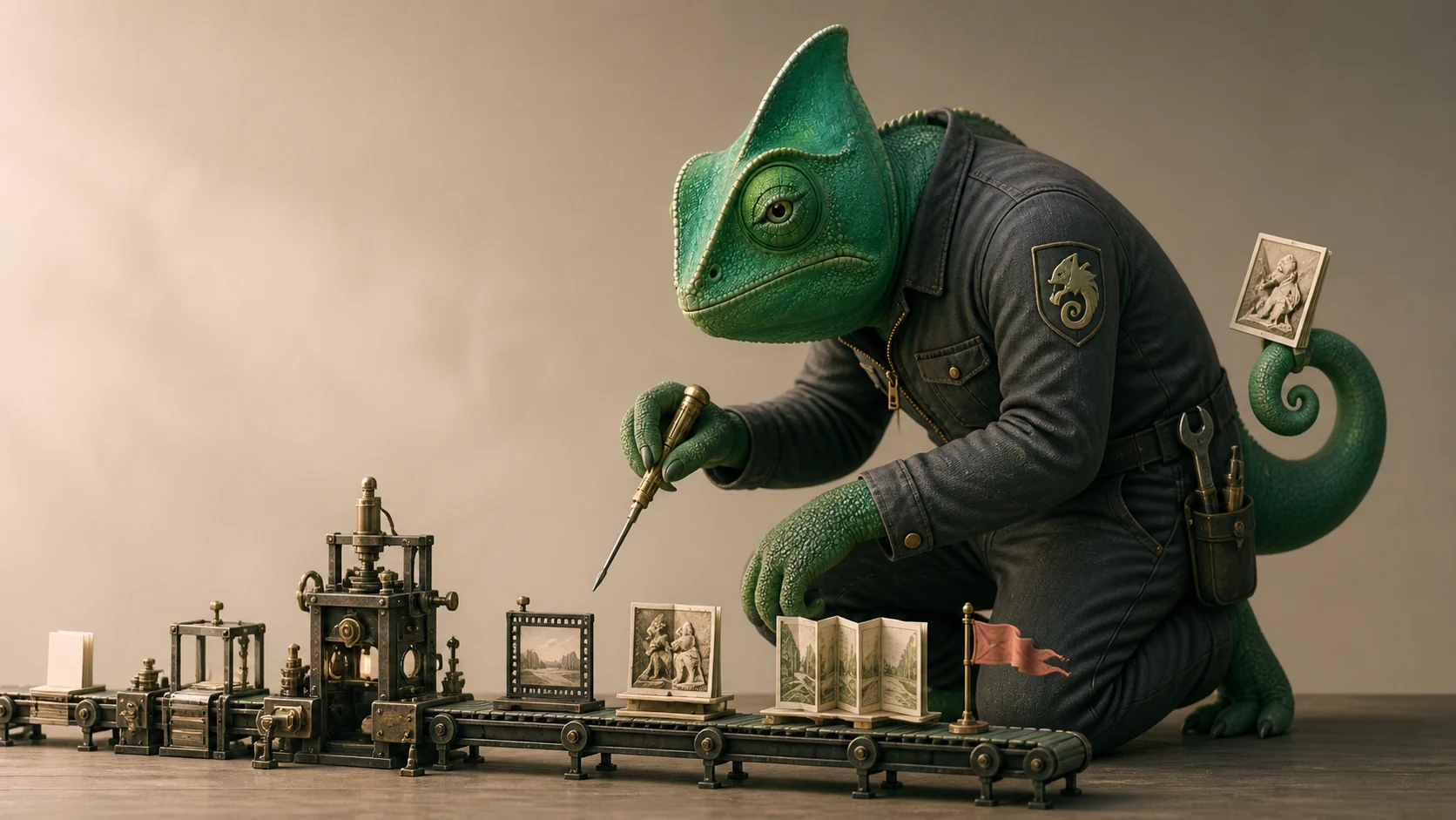 Alfred ajustando uma linha criativa em miniatura que transforma ideias em formatos de conteúdo