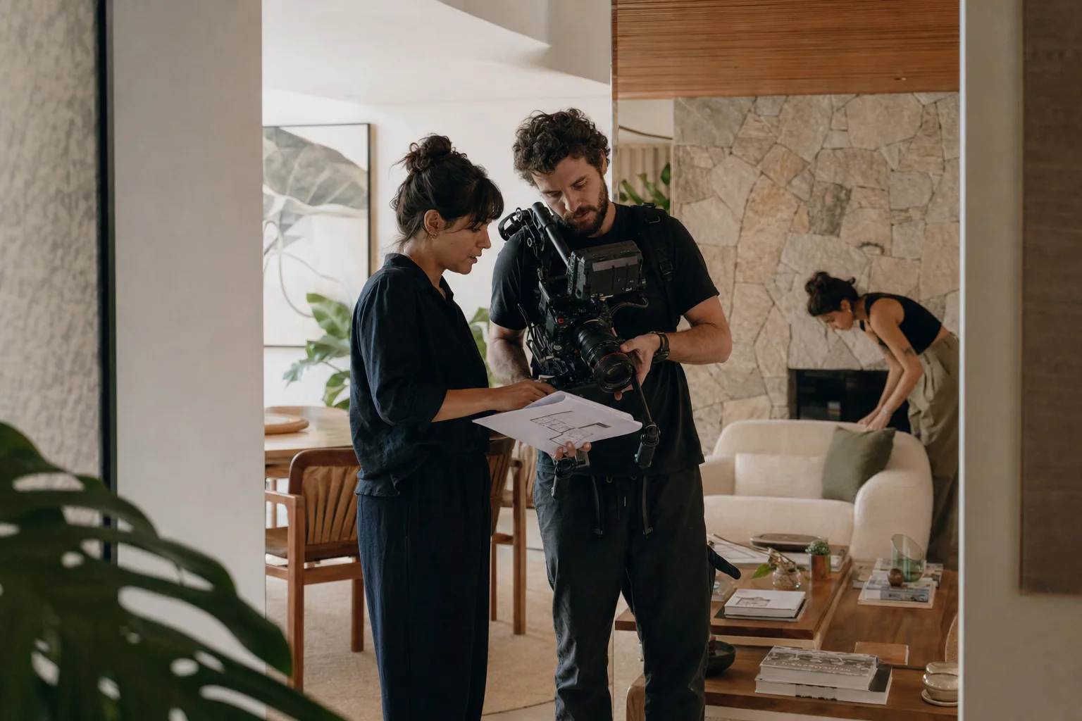 Diretora criativa e videomaker planejando uma filmagem dentro de um apartamento contemporâneo