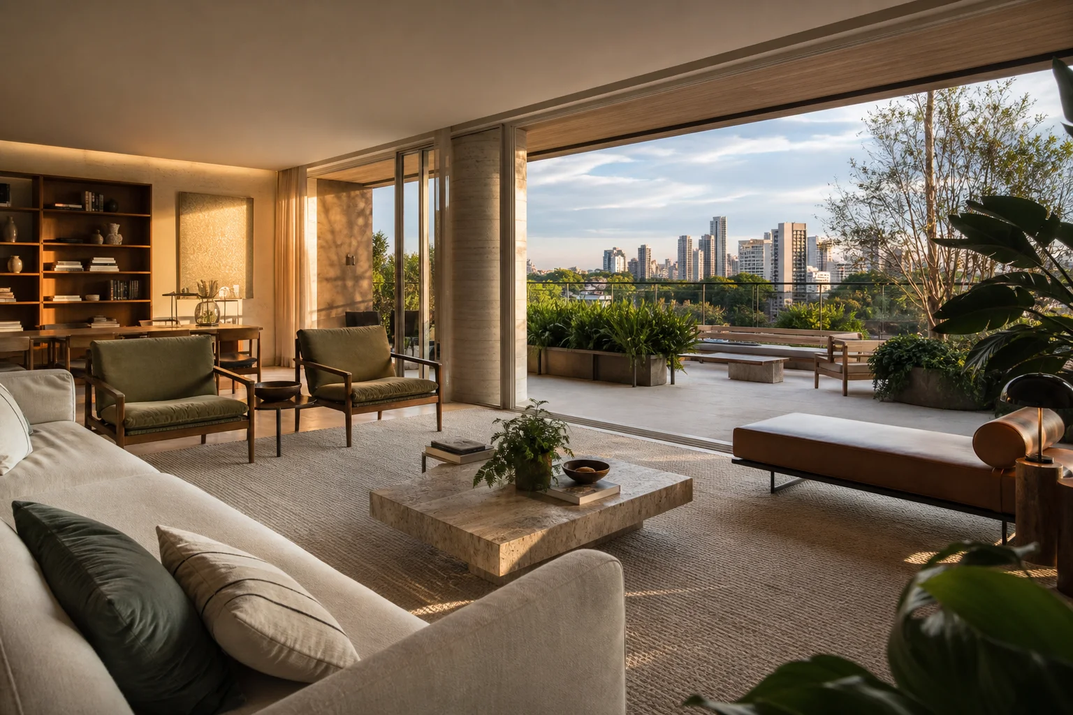Interior contemporâneo com varanda e vista urbana que comunica estilo de vida