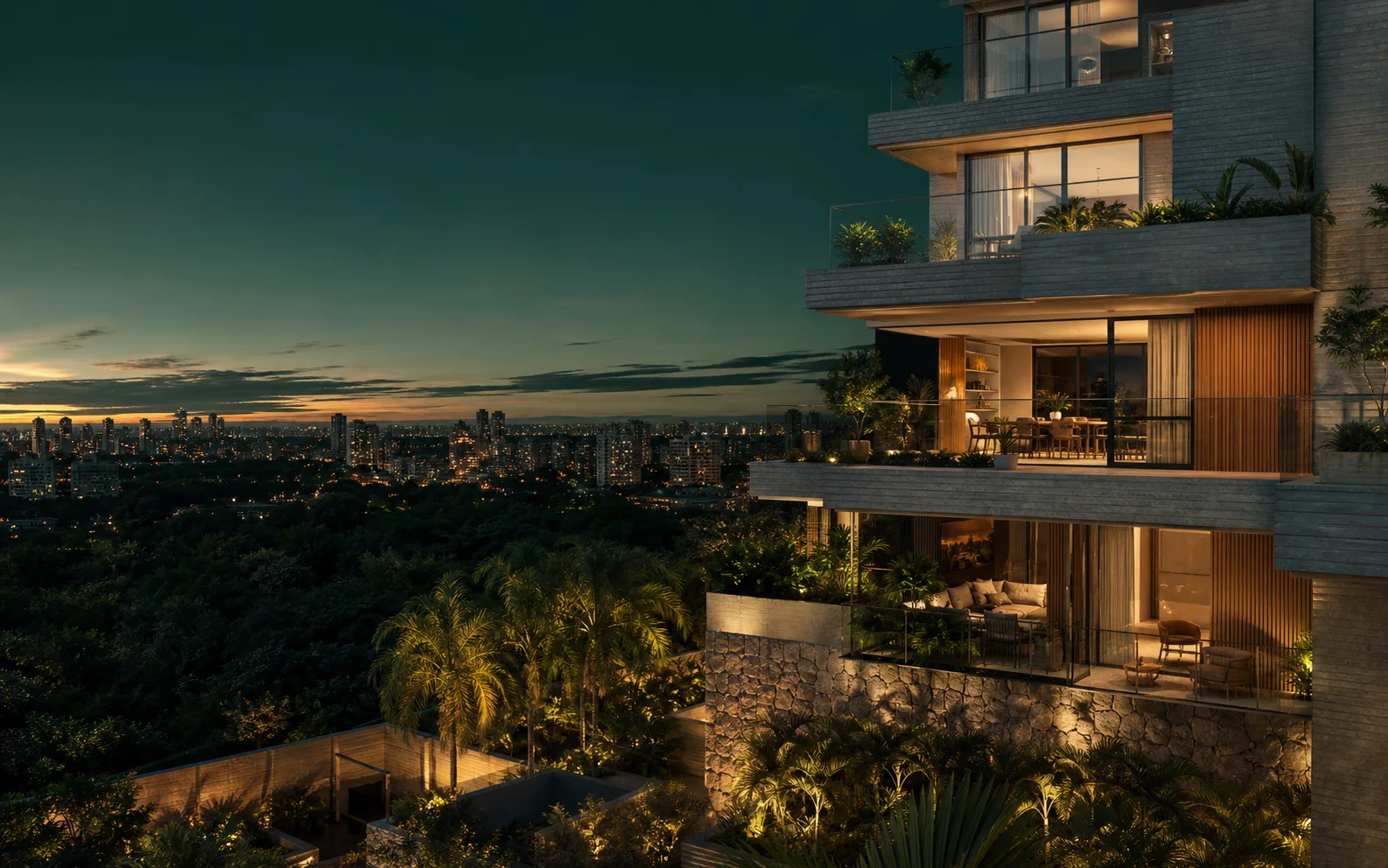 Empreendimento residencial contemporâneo iluminado ao entardecer