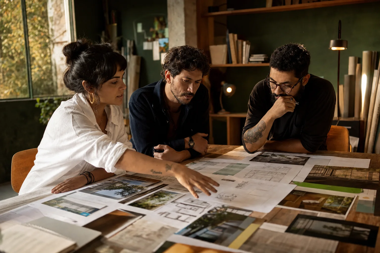 Equipe criativa desenvolvendo a narrativa de uma campanha imobiliária com plantas e referências impressas