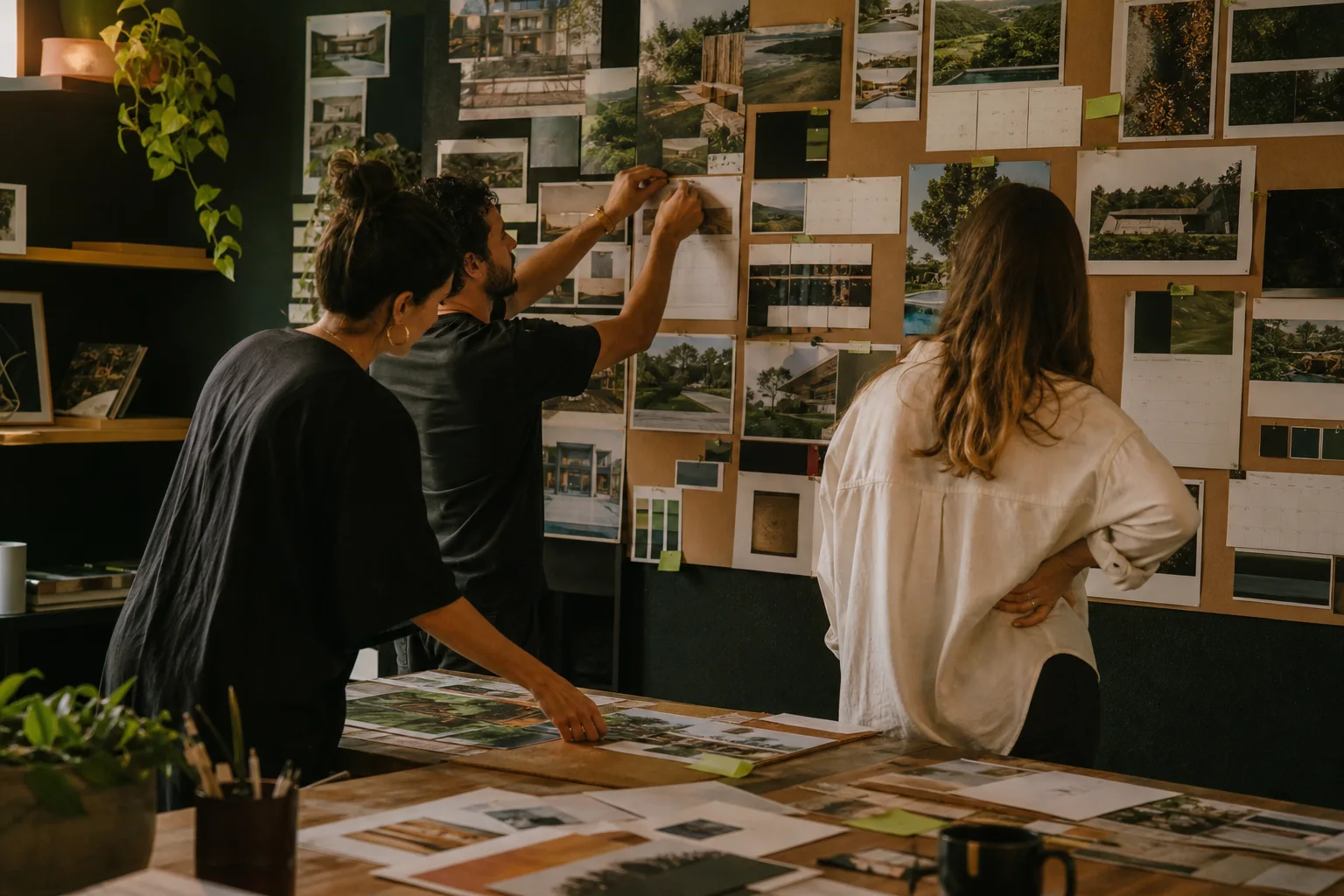 Equipe organizando fotografias, storyboards e calendário de uma campanha imobiliária em um mural físico